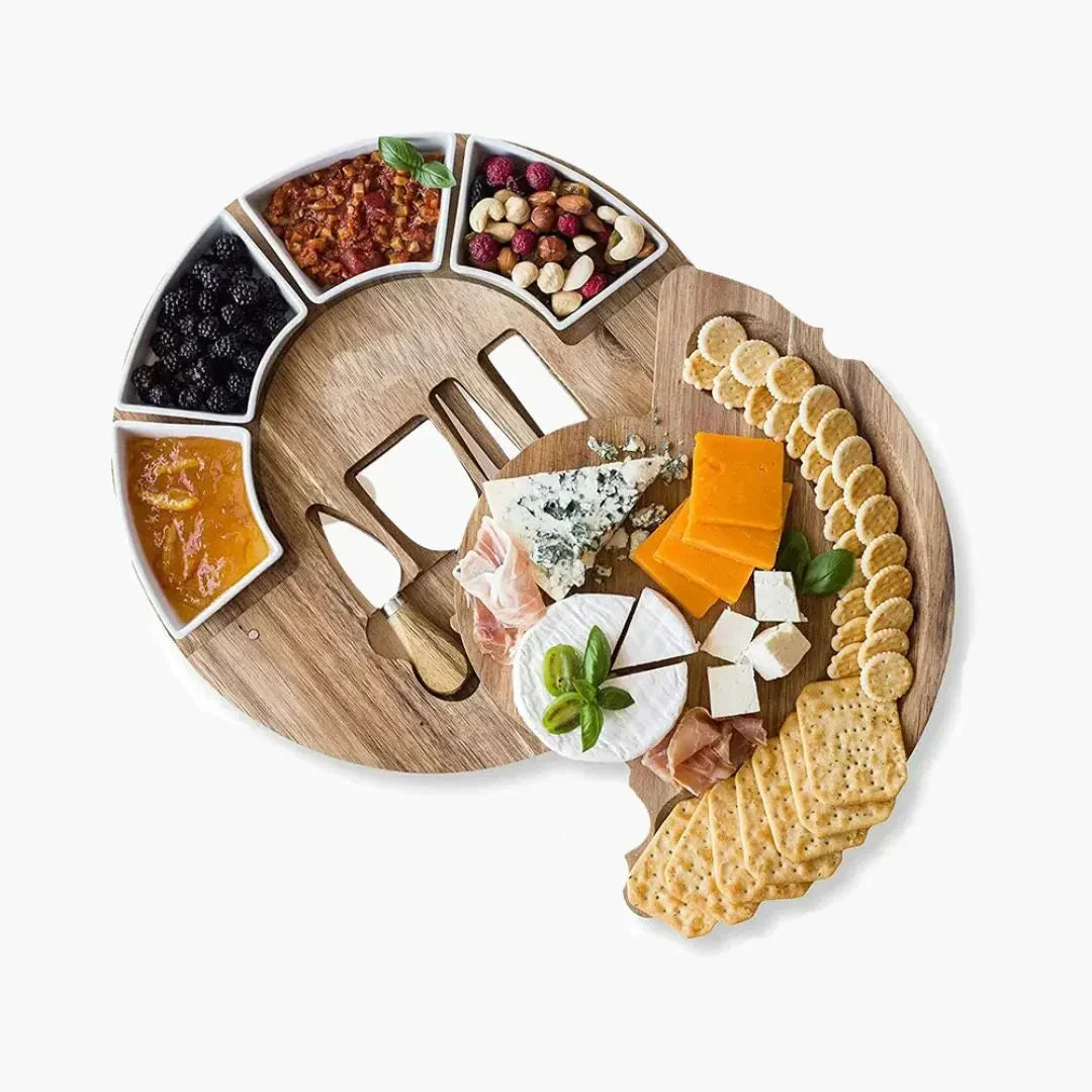 Ronde houten serveerplank met schaaltjes en messen, 13-inch hapjesschaal voor entertainment, borrelplank van natuurlijk acaciahout | Thomler