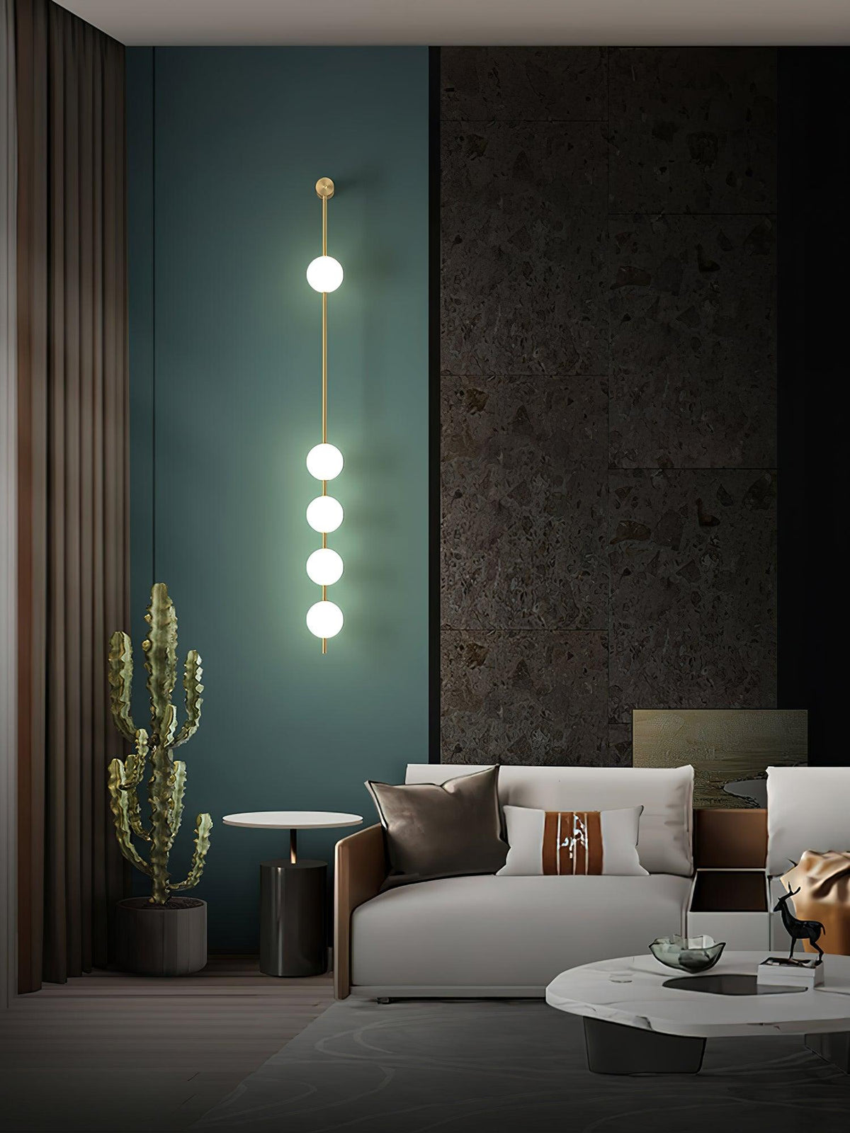 Aplique de pared LED vertical con múltiples globos, acabado en latón, altura ajustable, iluminación para pasillos, escaleras y entradas, lámpara moderna de metal y vidrio, 3-6 luces | Thomler