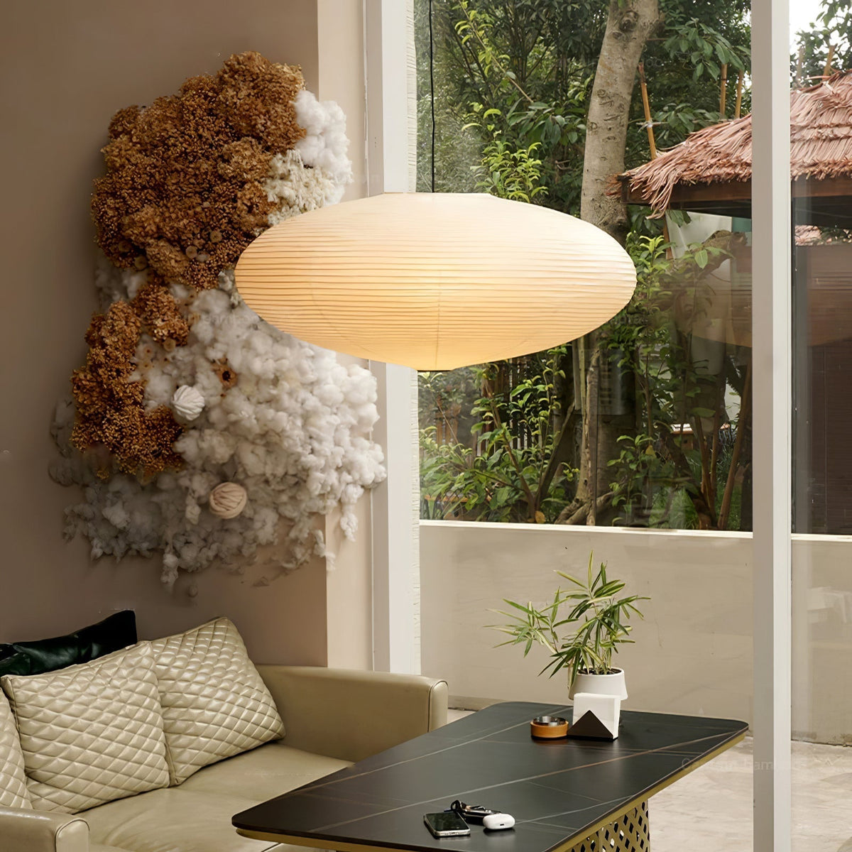 Handmade Rice Paper Sphere Pendant Lamp for Dining Room & Bedroom | Sculptural Ceiling Fixture with Adjustable Cord | E26 Edison Bulb Compat