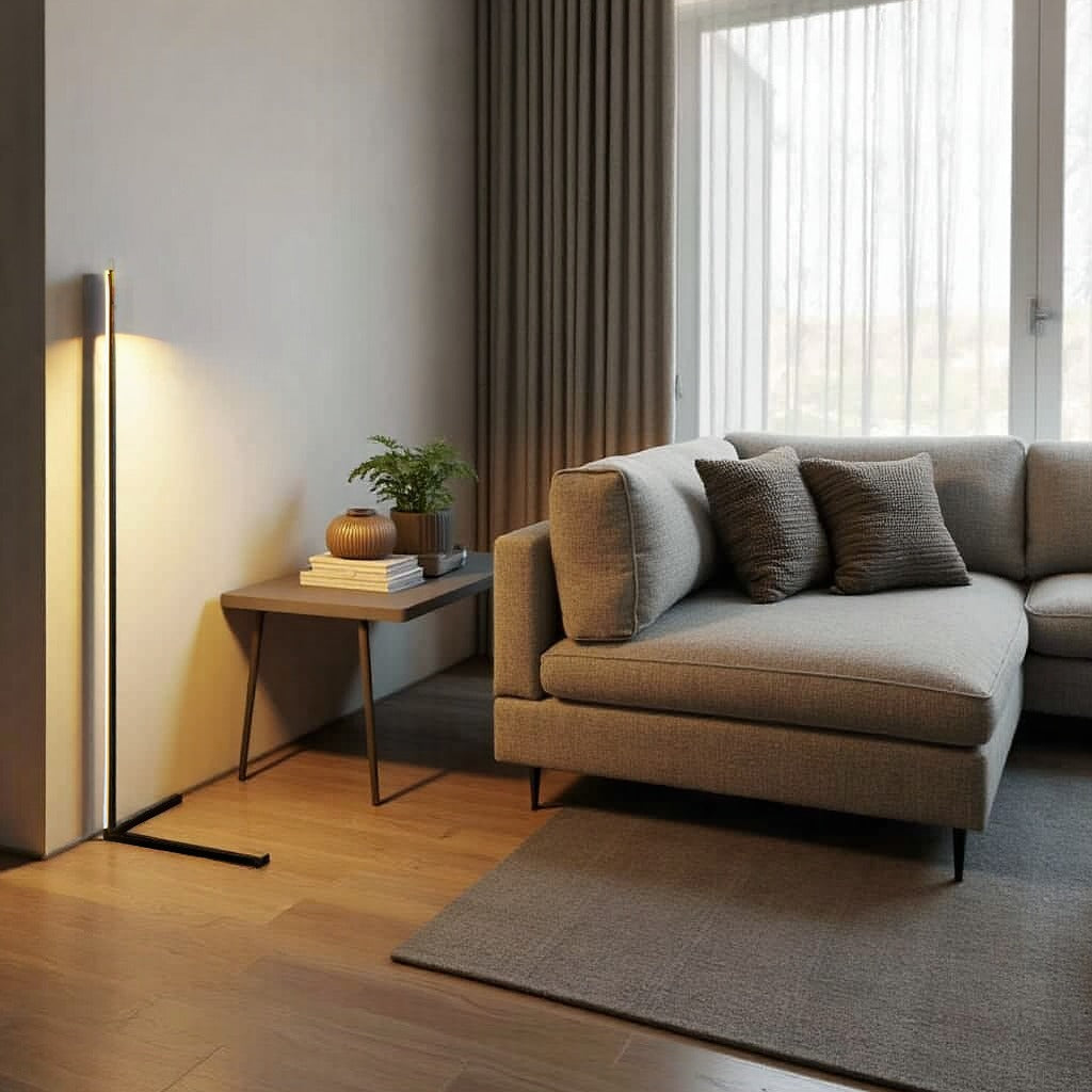 Wireless Remote LED Uplight with Adjustable Brightness for Bedroom, Living Room & Study Spaces | Modern Tall Pole Lamp in Black | Thomler