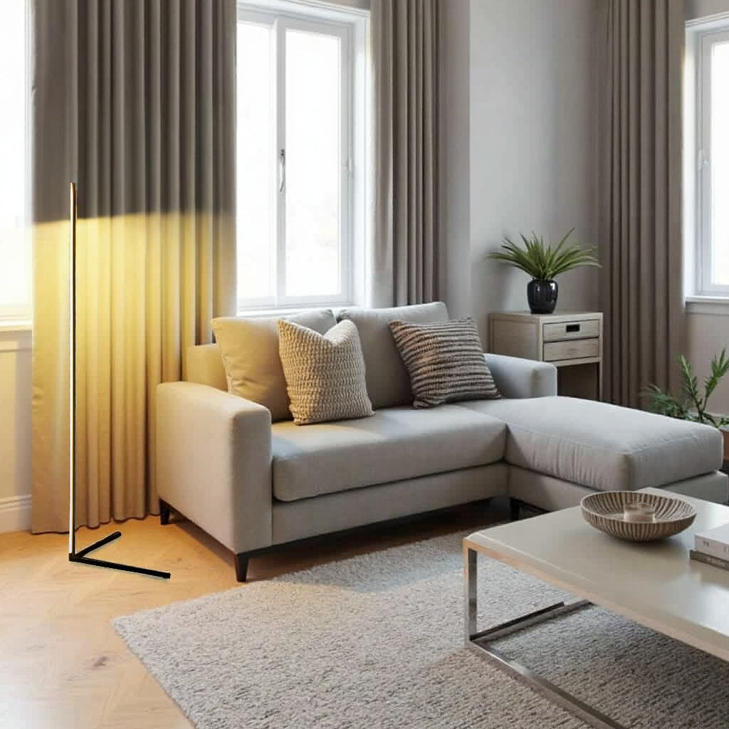 Wireless Remote LED Uplight with Adjustable Brightness for Bedroom, Living Room & Study Spaces | Modern Tall Pole Lamp in Black | Thomler