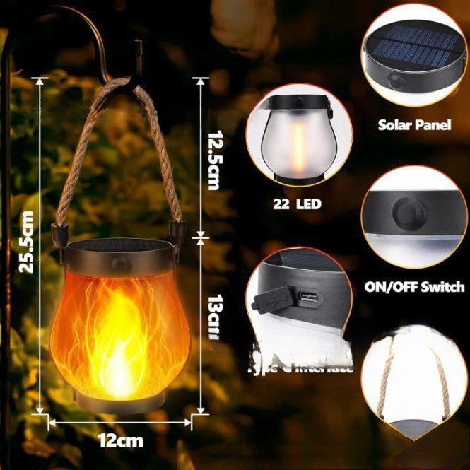 Flickering Flame Outdoor Lantern with Solar Panel 10 in Tall Glass LED Garden Light Waterproof Hanging Patio Decoration Dusk Sensor USB Back | Thomler