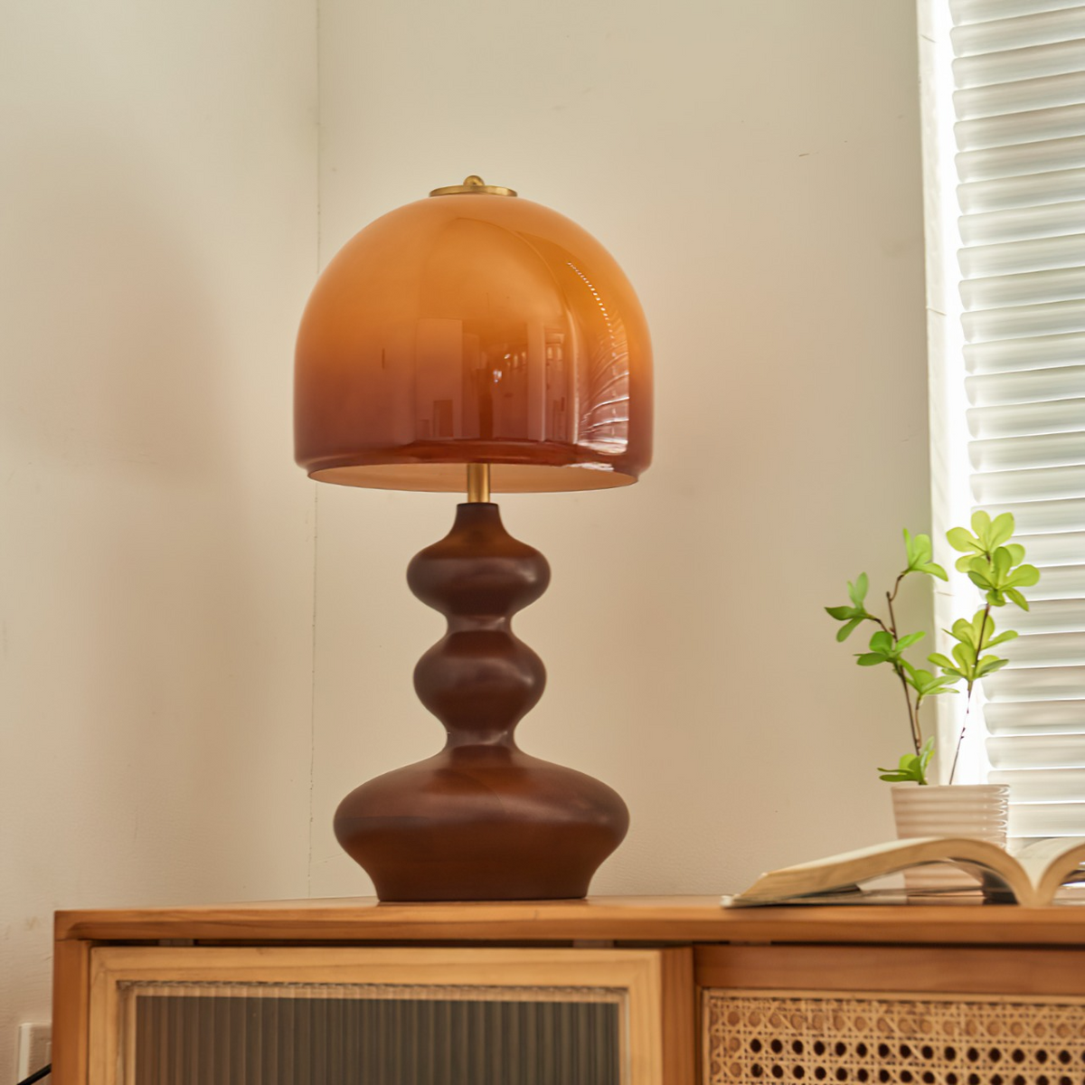 Wooden Desk Lamp with Amber Glass Shade 10 in × 20 in for Nightstand Bedroom Office Cozy Reading Light | Thomler