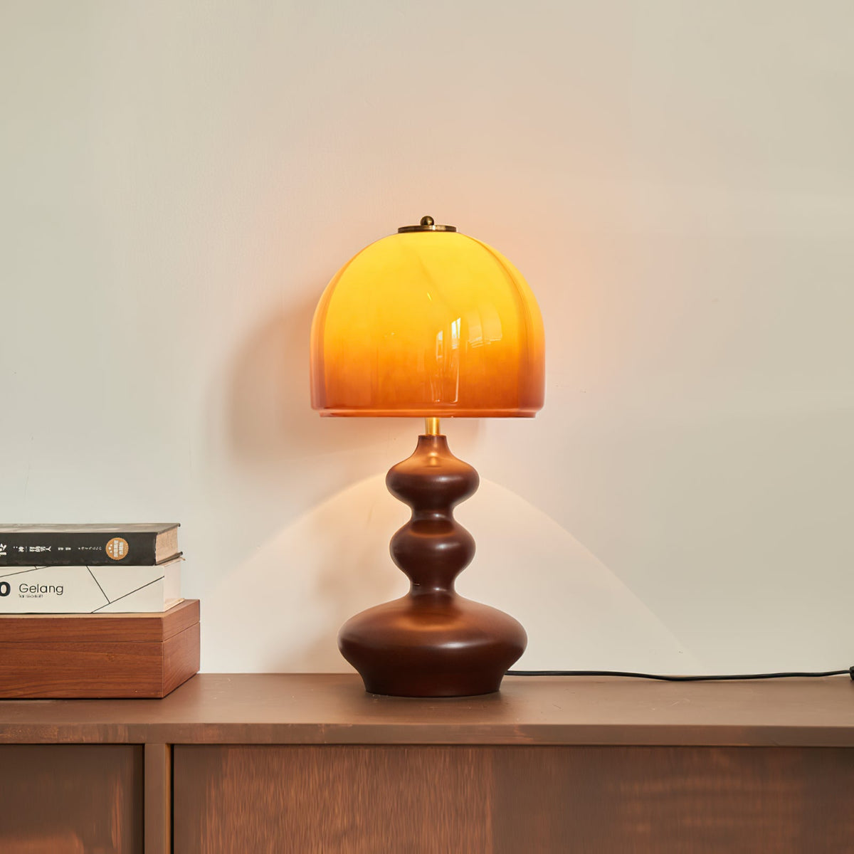 Wooden Desk Lamp with Amber Glass Shade 10 in × 20 in for Nightstand Bedroom Office Cozy Reading Light | Thomler