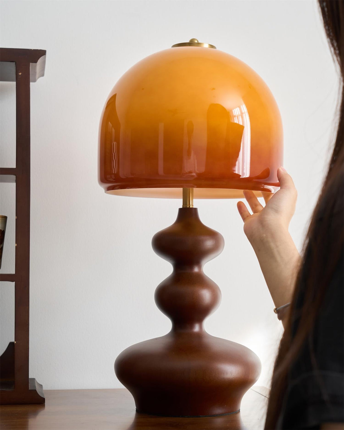 Wooden Desk Lamp with Amber Glass Shade 10 in × 20 in for Nightstand Bedroom Office Cozy Reading Light | Thomler
