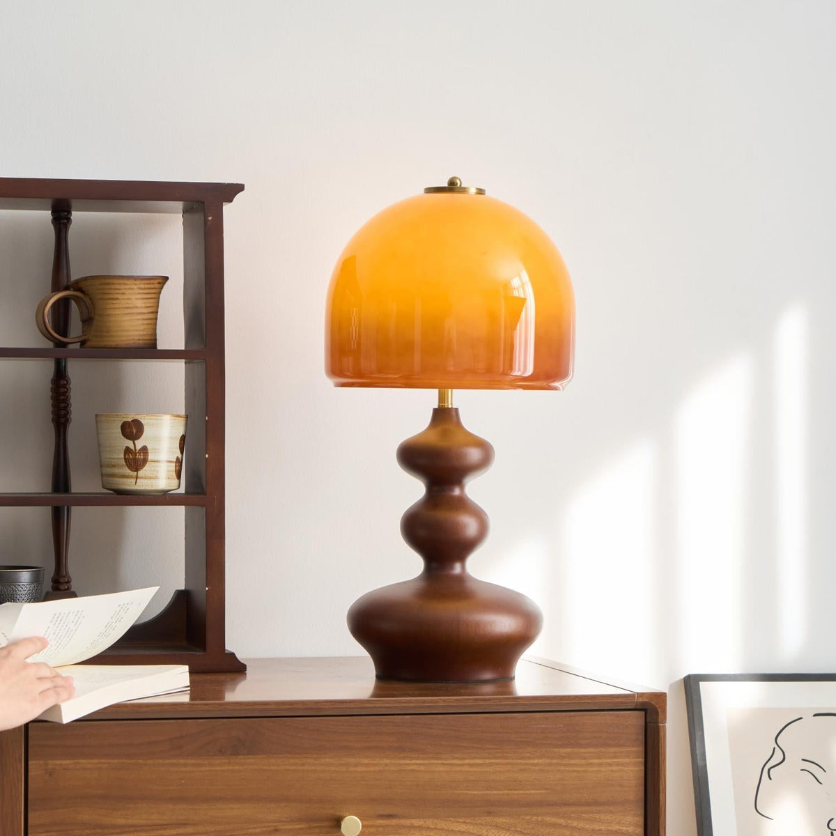 Wooden Desk Lamp with Amber Glass Shade 10 in × 20 in for Nightstand Bedroom Office Cozy Reading Light | Thomler