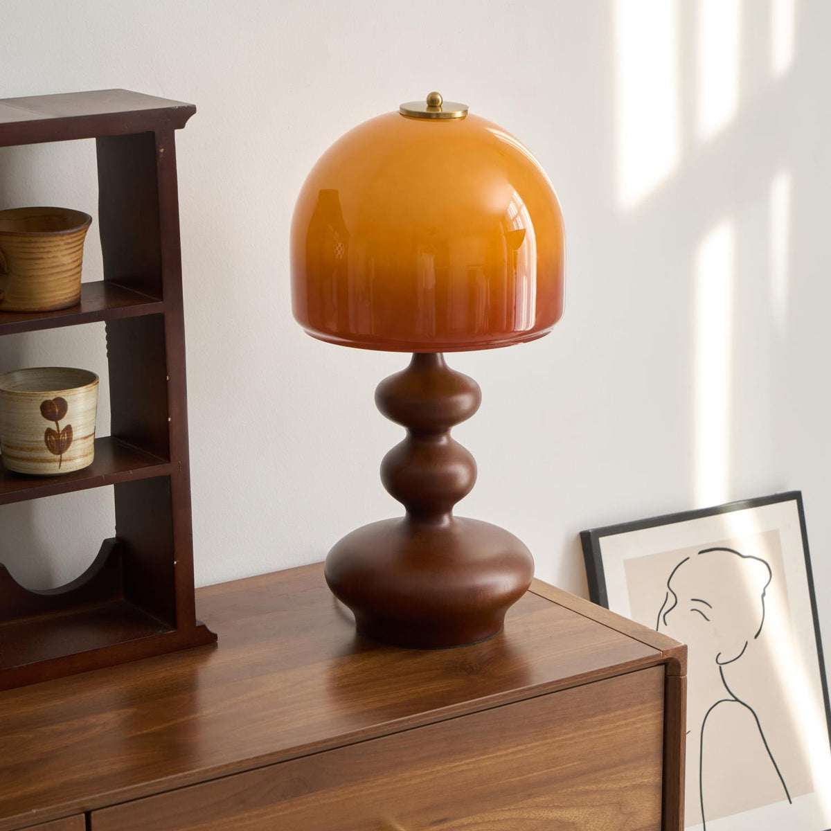 Wooden Desk Lamp with Amber Glass Shade 10 in × 20 in for Nightstand Bedroom Office Cozy Reading Light | Thomler