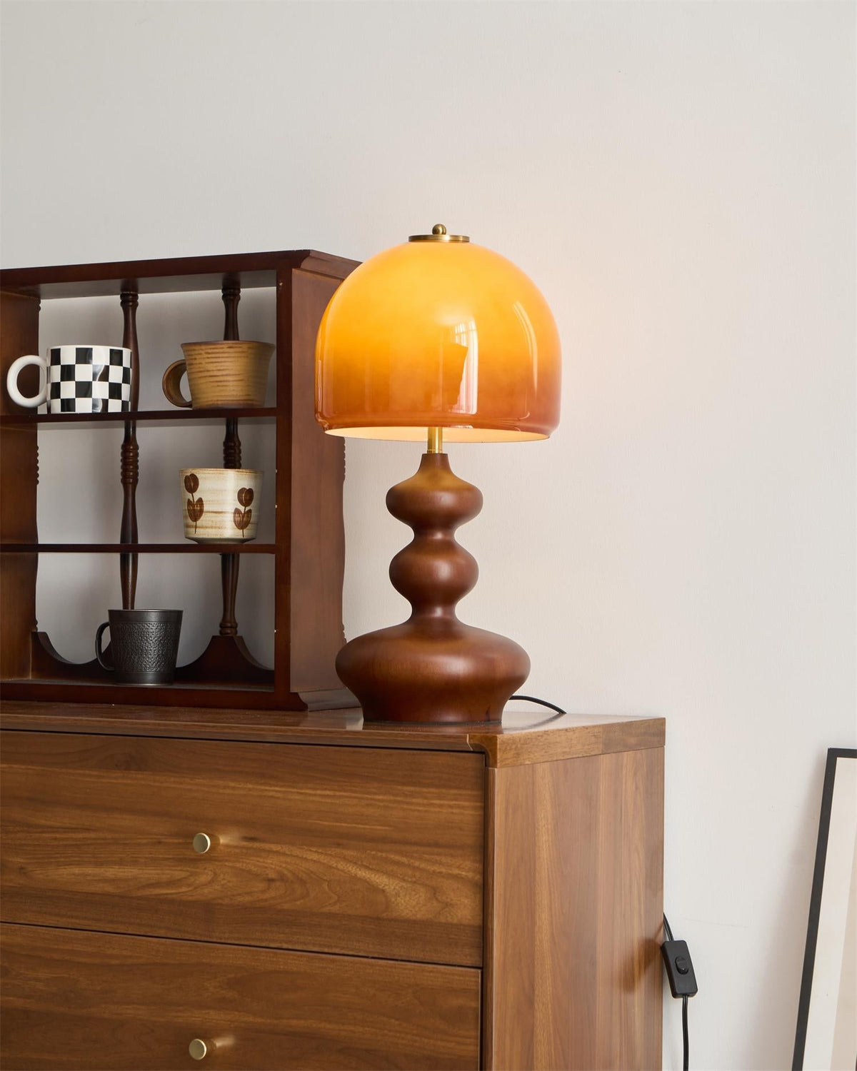 Wooden Desk Lamp with Amber Glass Shade 10 in × 20 in for Nightstand Bedroom Office Cozy Reading Light | Thomler