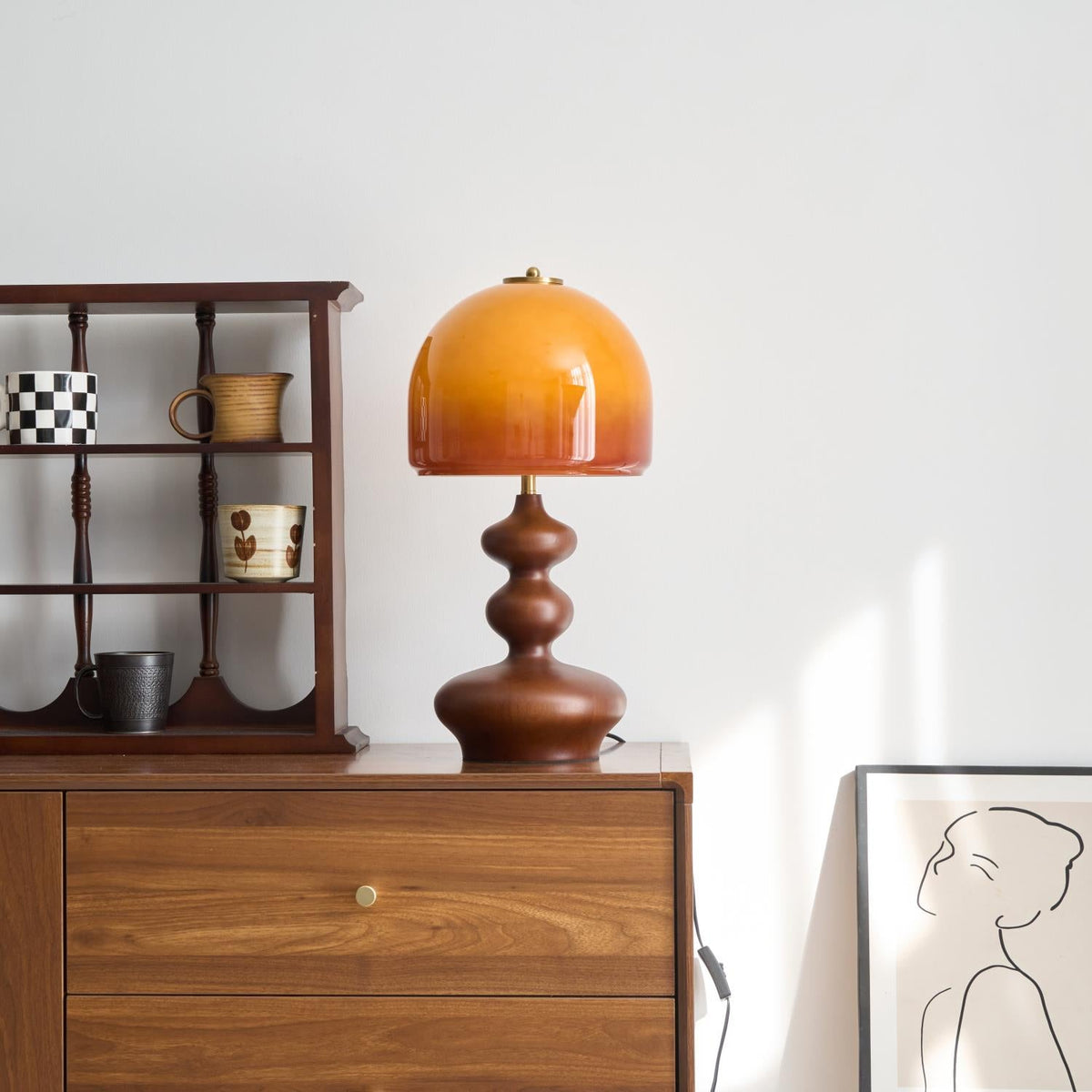 Wooden Desk Lamp with Amber Glass Shade 10 in × 20 in for Nightstand Bedroom Office Cozy Reading Light | Thomler