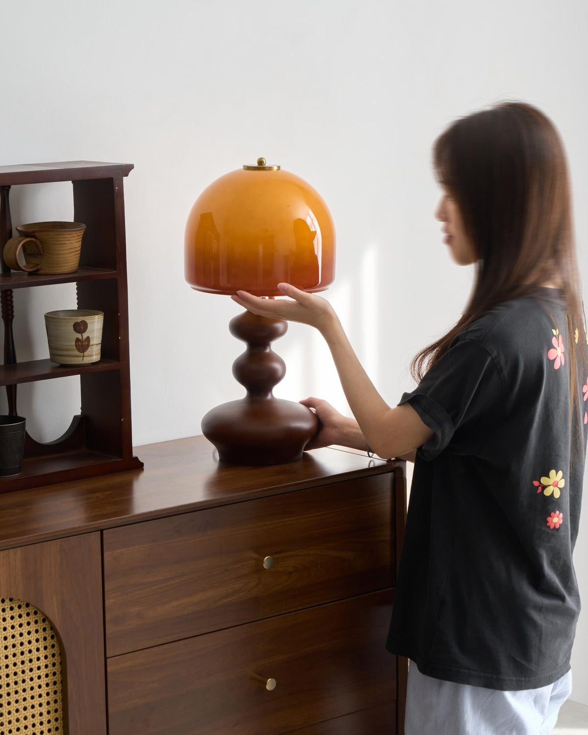 Wooden Desk Lamp with Amber Glass Shade 10 in × 20 in for Nightstand Bedroom Office Cozy Reading Light | Thomler