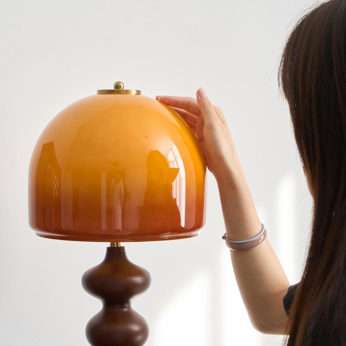 Wooden Desk Lamp with Amber Glass Shade 10 in × 20 in for Nightstand Bedroom Office Cozy Reading Light | Thomler