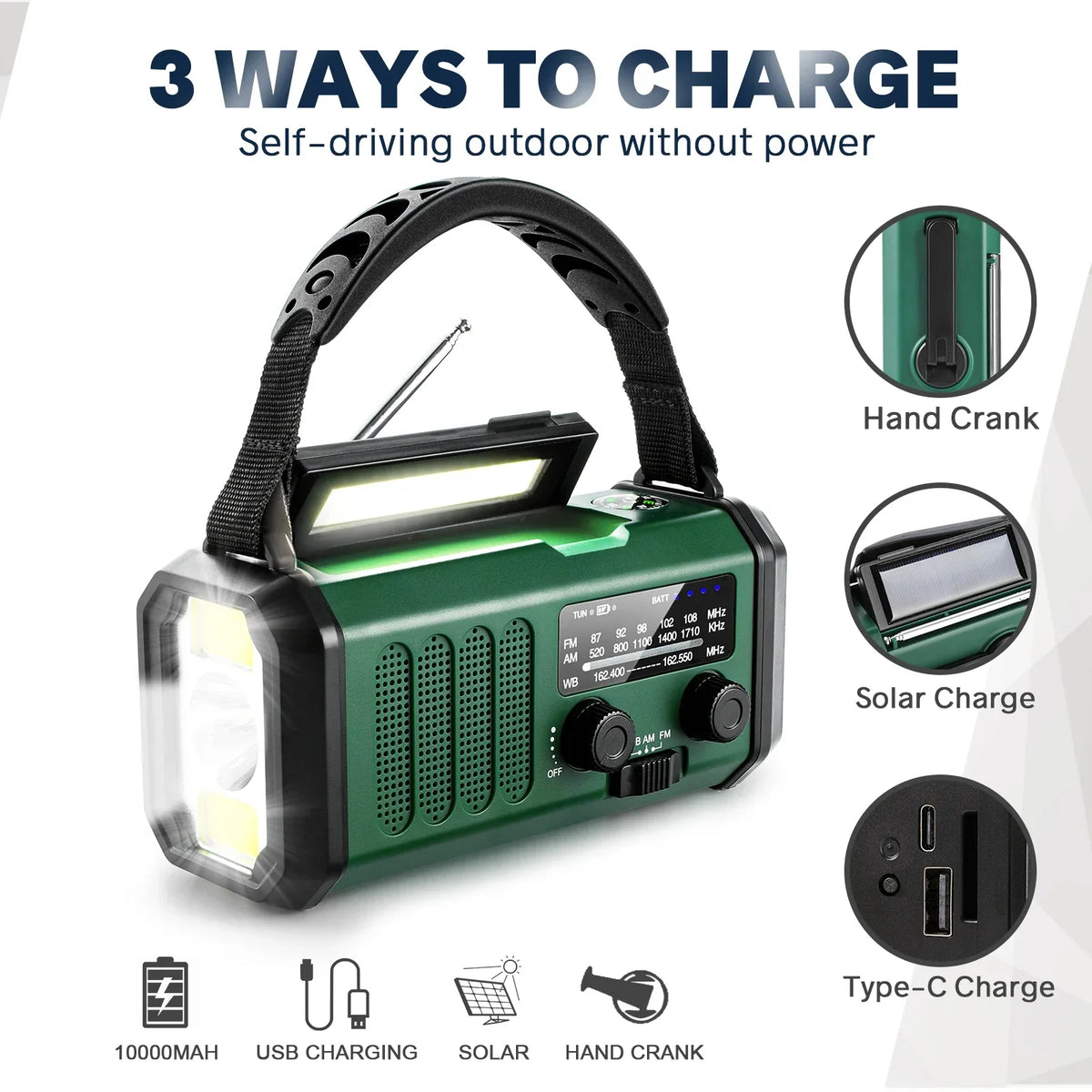 Hand Crank Solar Emergency Radio with Flashlight & Power Bank for Camping Hiking Outdoor Survival Preparedness Backup | Thomler