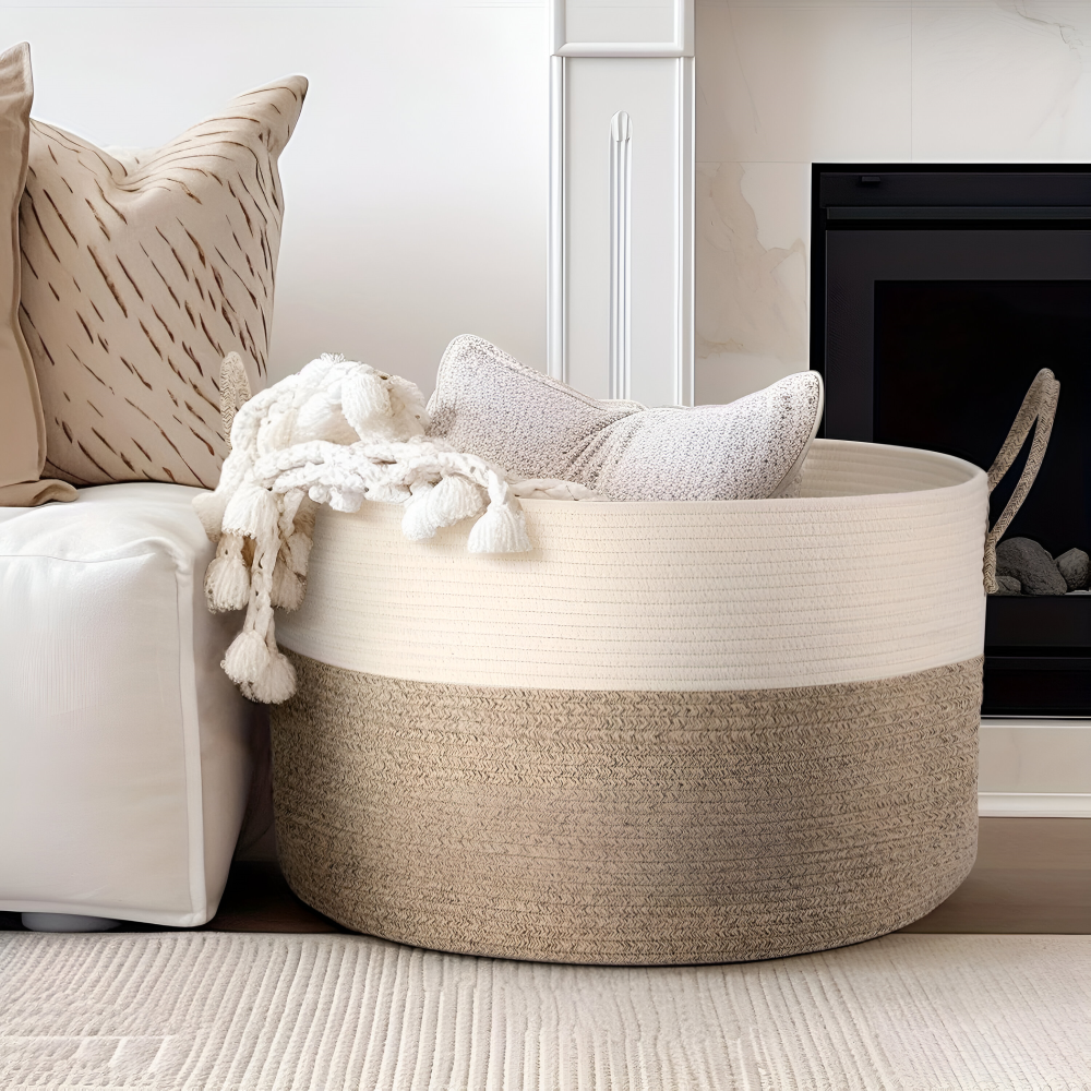 Oversized Woven Storage Basket for Laundry Toys Blankets Round Polyester Organizer with Handles 20x13 inches Brown Gray Two-Tone Home Bedroo | Thomler
