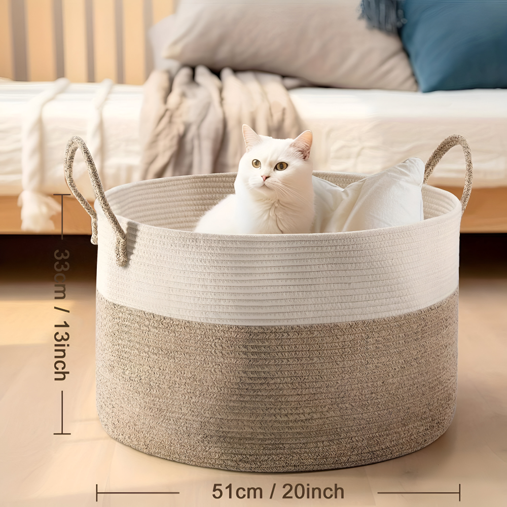 Oversized Woven Storage Basket for Laundry Toys Blankets Round Polyester Organizer with Handles 20x13 inches Brown Gray Two-Tone Home Bedroo | Thomler