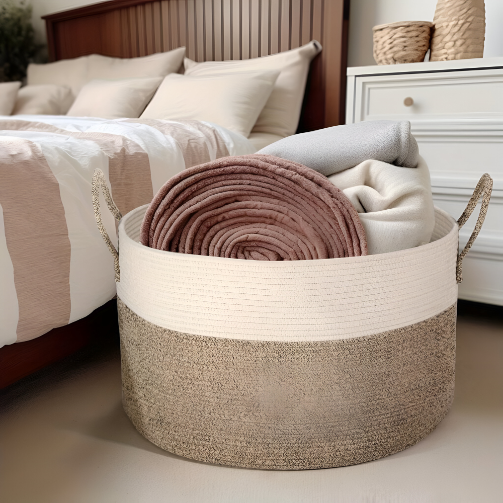 Oversized Woven Storage Basket for Laundry Toys Blankets Round Polyester Organizer with Handles 20x13 inches Brown Gray Two-Tone Home Bedroo | Thomler