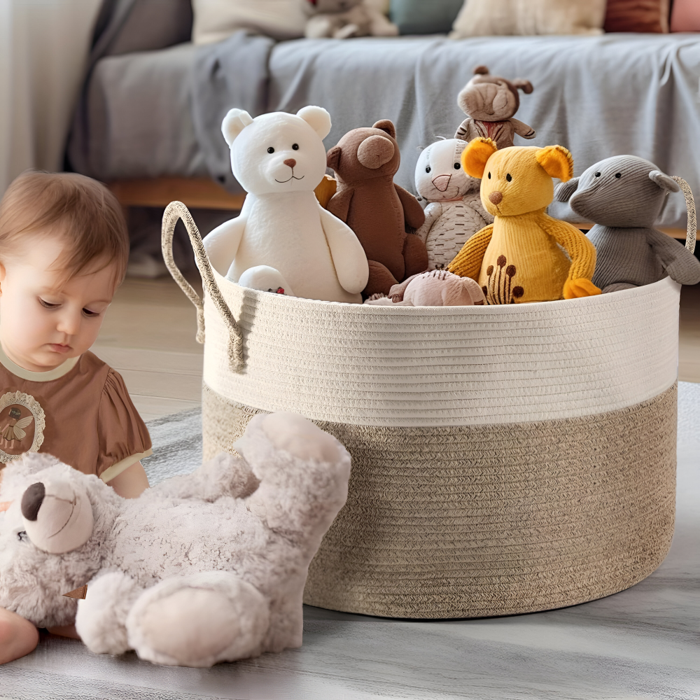 Oversized Woven Storage Basket for Laundry Toys Blankets Round Polyester Organizer with Handles 20x13 inches Brown Gray Two-Tone Home Bedroo | Thomler