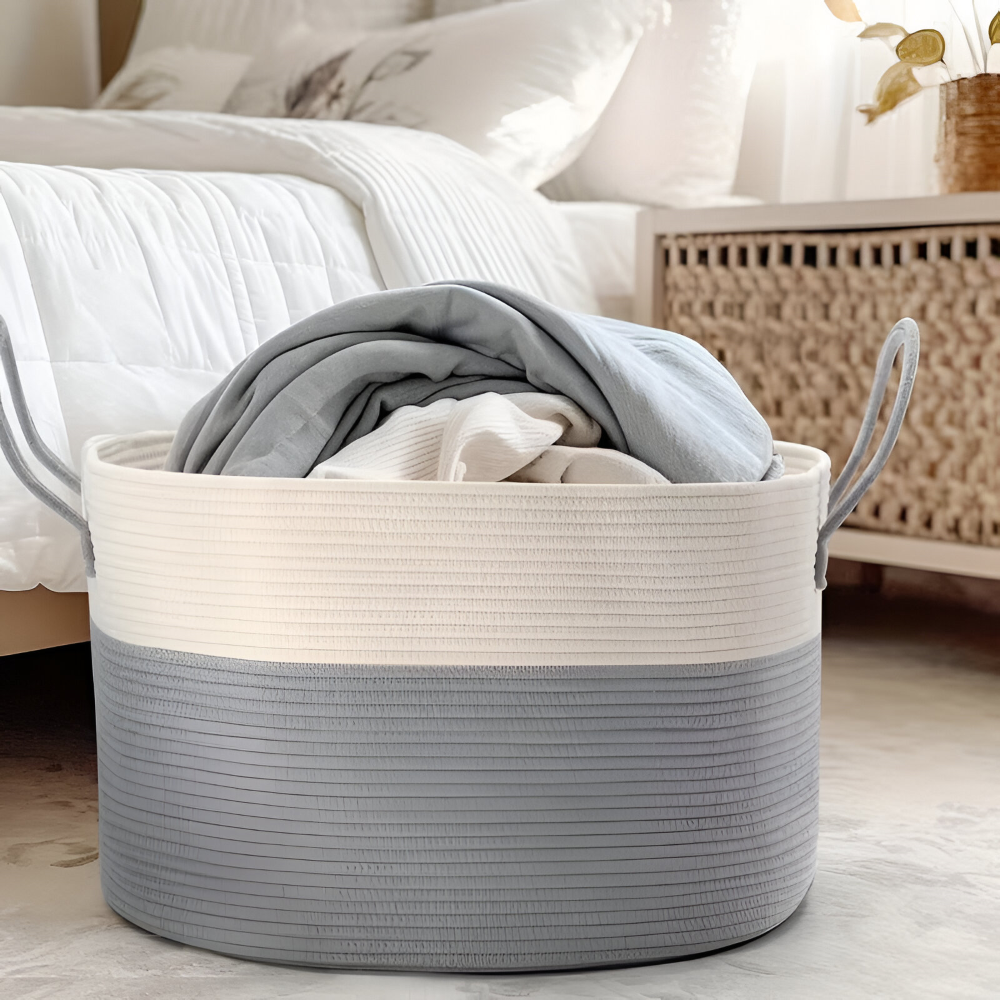 Oversized Woven Storage Basket for Laundry Toys Blankets Round Polyester Organizer with Handles 20x13 inches Brown Gray Two-Tone Home Bedroo | Thomler