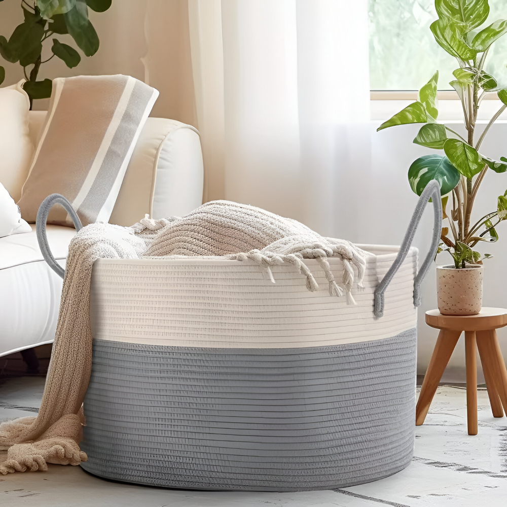 Oversized Woven Storage Basket for Laundry Toys Blankets Round Polyester Organizer with Handles 20x13 inches Brown Gray Two-Tone Home Bedroo | Thomler