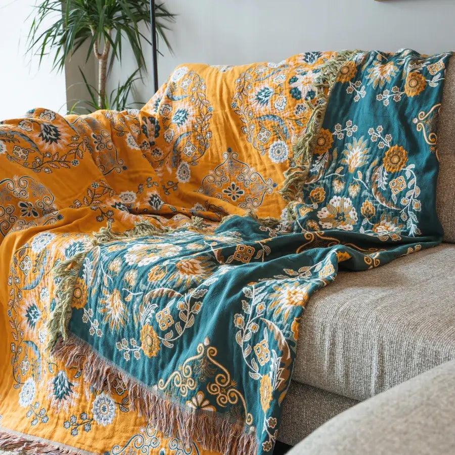 Omkeerbare katoenen plaid met kwastjes – Boheems bloemendesign voor bank, sofa of bed – Warm & decoratief woonaccessoire