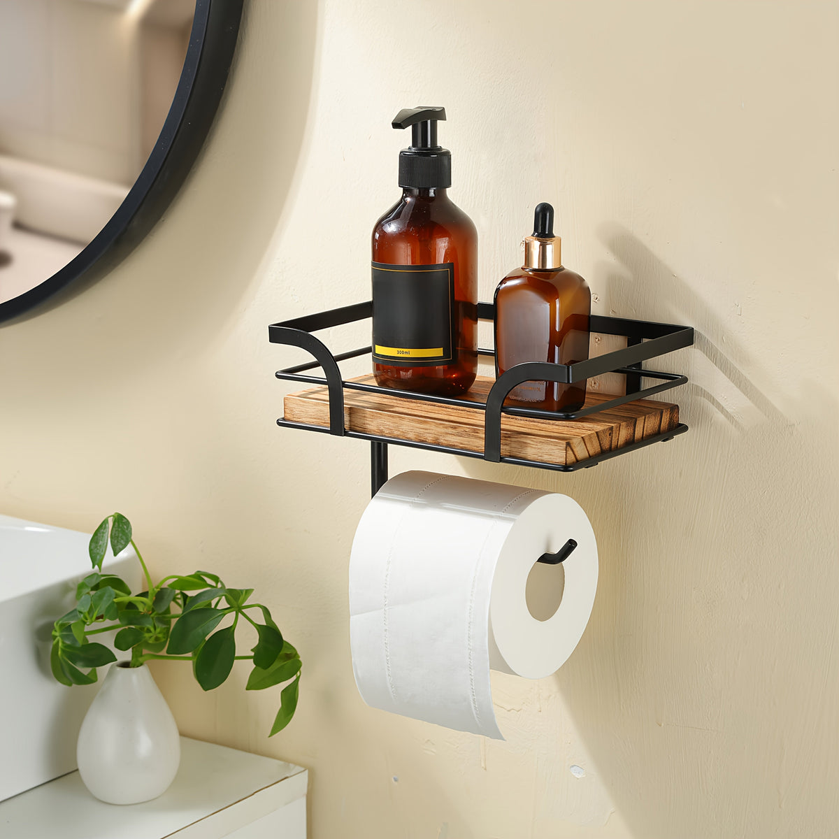 Metal & Wood Bathroom Tissue Dispenser Shelf 7.9 Inches Wall Mount Organizer Powder Room Storage Rack Home Essentials Holder for Small Space | Thomler