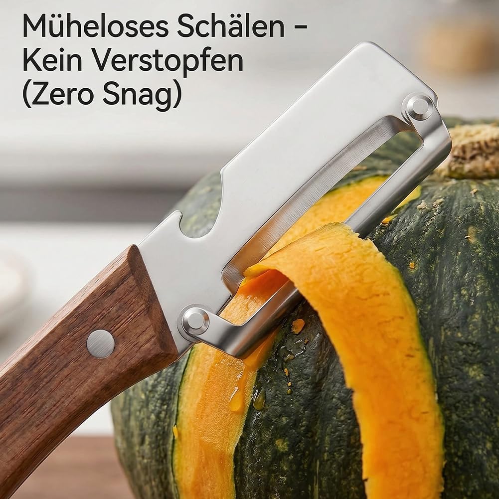 Keukenmultitool: dunschiller, snijder en flesopener met houten handvat, 5-delige set voor het bereiden van groenten en fruit, keukengerei voor de hobbykok | Thomler