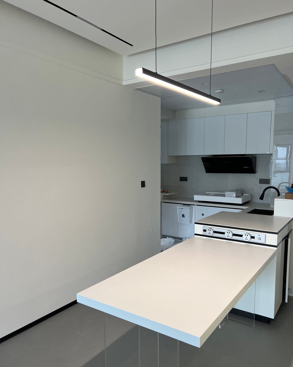 Suspended LED Strip Fixture for Countertop Islands – Dimmable Metal Bar Light with Remote in Matte or Gloss White – 39 to 102 in Adjustable