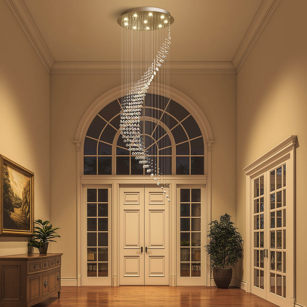 Cascading Crystal Fixture Chrome Finish GU10 Dimmable for Tall Foyers Stairwells Double-Height Rooms Adjustable Height Hanging Light | Thomler