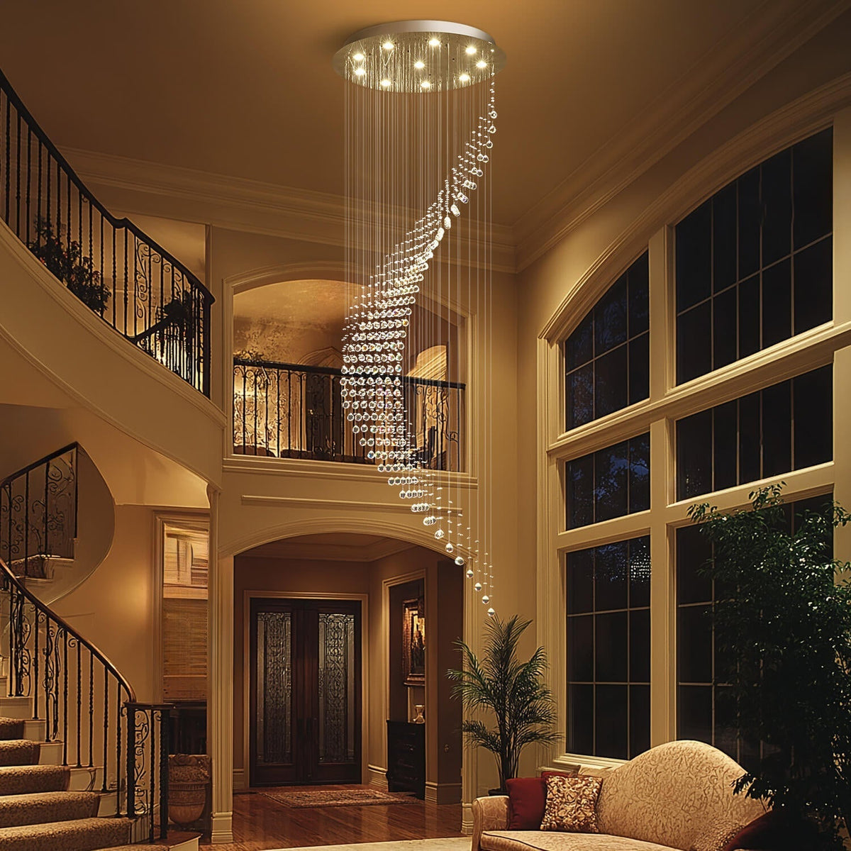 Cascading Crystal Fixture Chrome Finish GU10 Dimmable for Tall Foyers Stairwells Double-Height Rooms Adjustable Height Hanging Light | Thomler