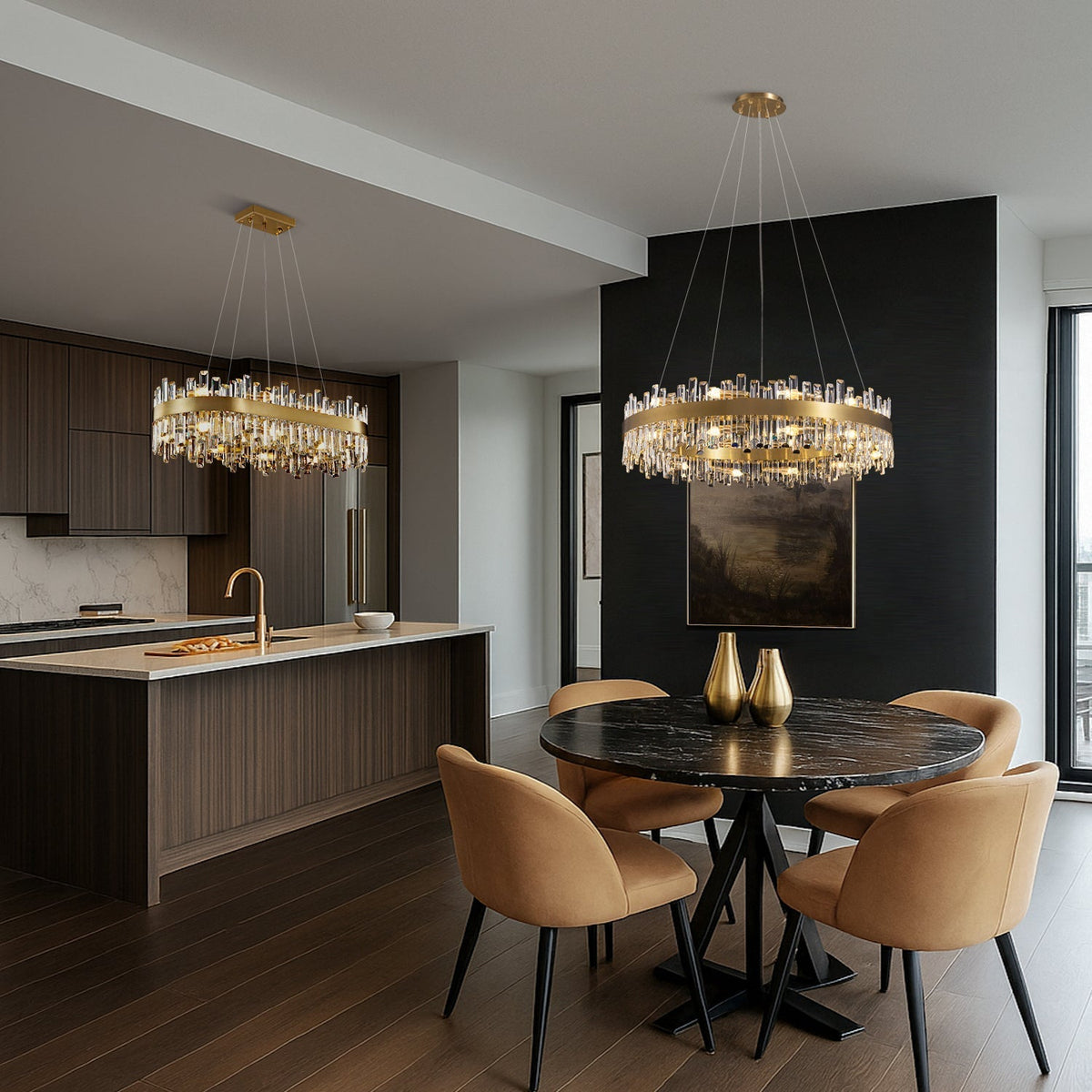 Tiered Crystal Ceiling Fixture in Gold Finish for Dining Rooms and Kitchen Islands – Adjustable Height, Multi-Size Options, E12 Candelabra B | Thomler