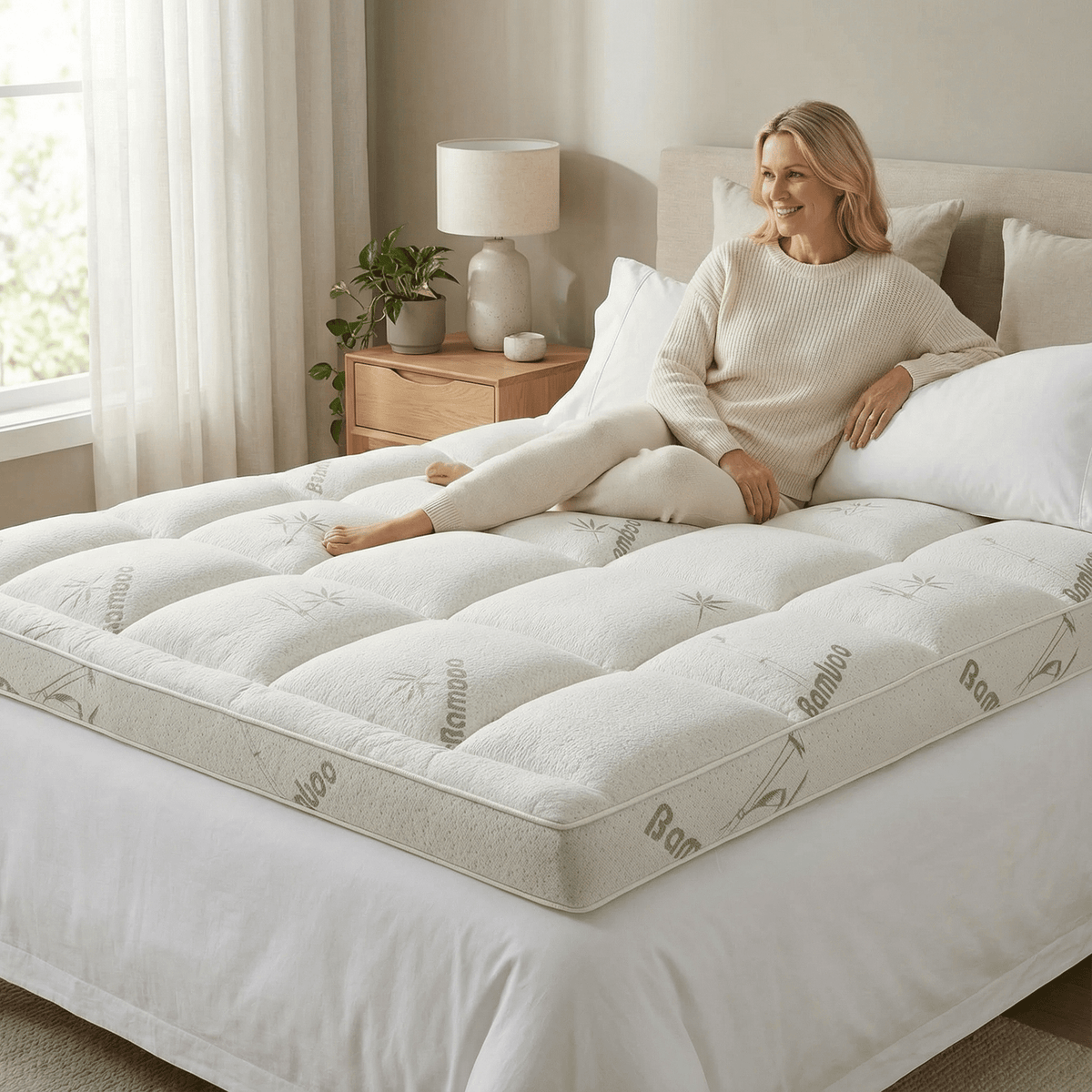 2-Inch Breathable Bamboo Mattress Pad Overlay for Cooling Comfort | Hypoallergenic Bed Cover for Hot Sleepers | Twin Full Queen King | Thomler
