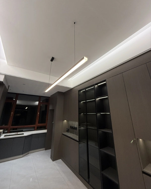 Suspended LED Strip Fixture for Countertop Islands – Dimmable Metal Bar Light with Remote in Matte or Gloss White – 39 to 102 in Adjustable