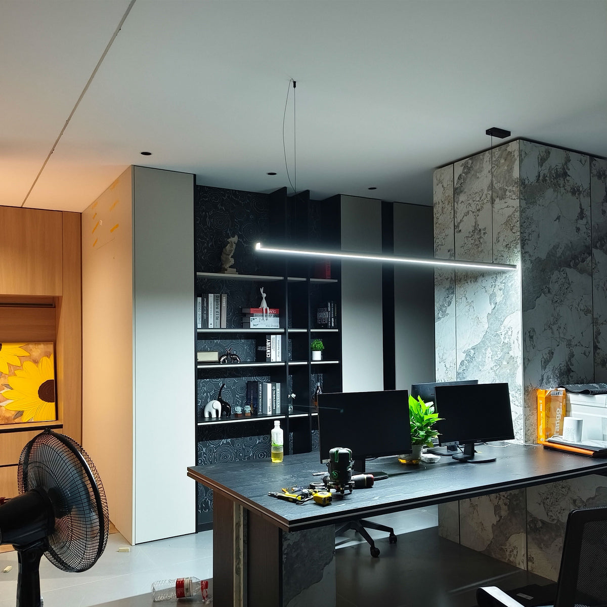 Suspended LED Strip Fixture for Countertop Islands – Dimmable Metal Bar Light with Remote in Matte or Gloss White – 39 to 102 in Adjustable