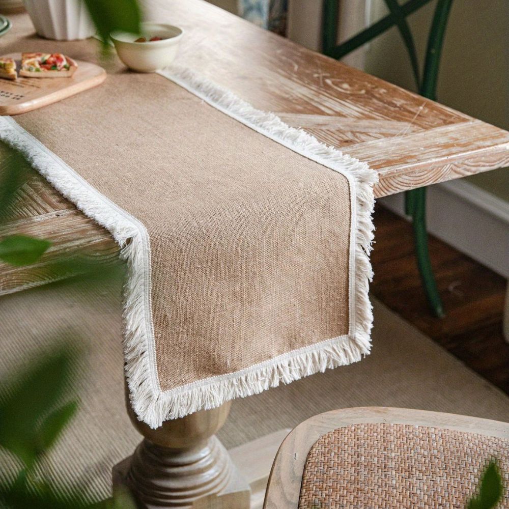 Geweven jute tafelloper voor eettafels 30 cm x 180 cm Natuurlijk beige boerderijstijl dressoirkleed middelpunt decor boho keuken rustieke interieurstyling | Thomler