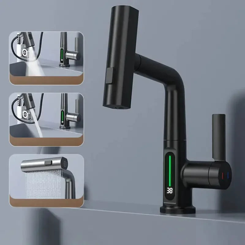 Digital Display Kitchen Tap with Pull-Down Sprayer 15 in Height Swivel Brass Faucet 3-Mode Spray for Sink Temperature Control | Thomler