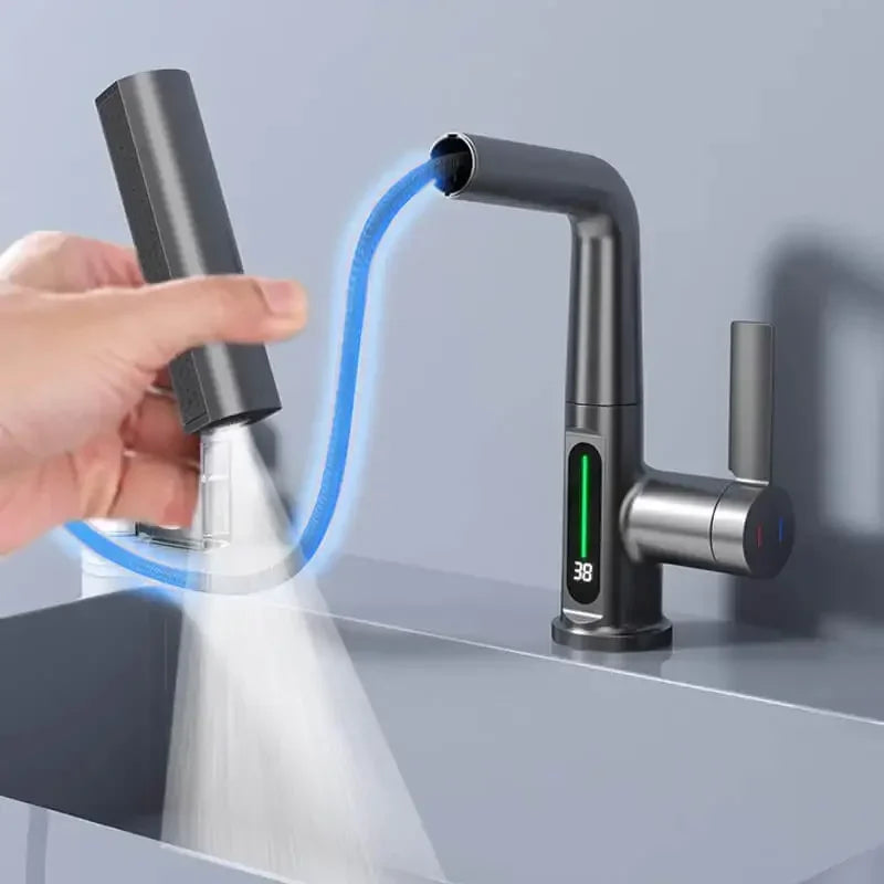 Digital Display Kitchen Tap with Pull-Down Sprayer 15 in Height Swivel Brass Faucet 3-Mode Spray for Sink Temperature Control | Thomler