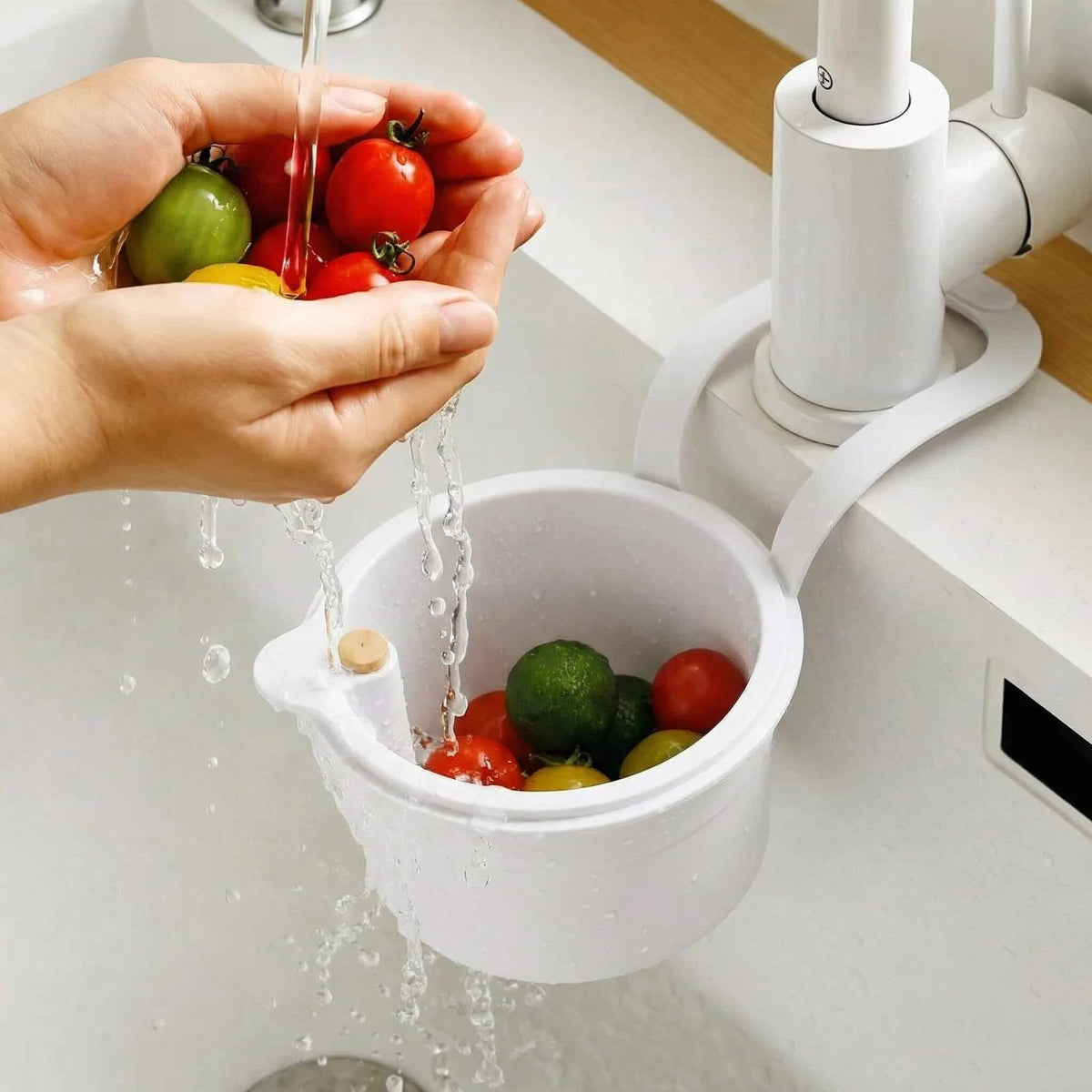 Over-Sink Colander Basket with Dual-Layer Filter for Produce Rinsing and Food Scrap Collection 8×6×5 Inches BPA-Free Kitchen Organizer | Thomler