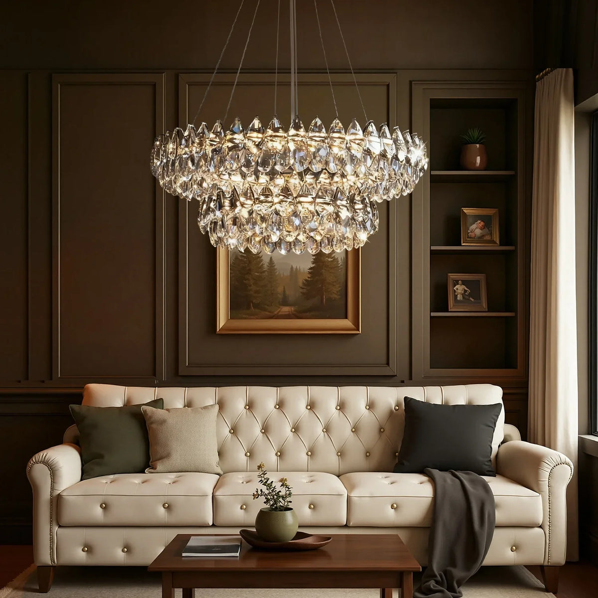Twee-laagse kristallen hanglamp 32 inch chroom afwerking LED in hoogte verstelbaar plafondarmatuur voor eetkamer woonkamer kookeiland modern | Thomler