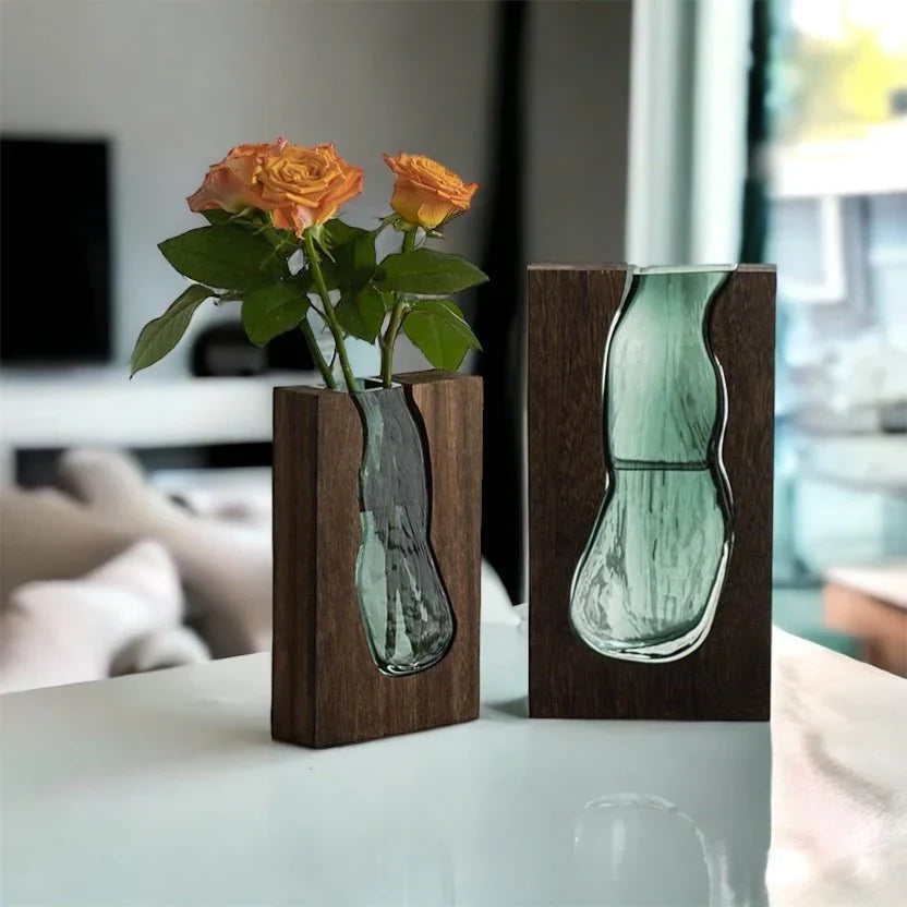 Crystal Glass Flower Vase with Organic Wood-Style Edge for Dining Room & Console Tables | Rustic Sculptural Accent | Thomler