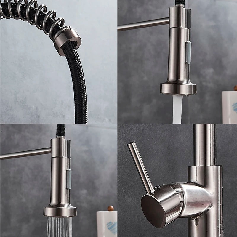 Brass Single-Hole Faucet with Rotating Spout & Detachable Spray Nozzle for Contemporary Kitchens & Dual-Basin Prep Areas | Thomler
