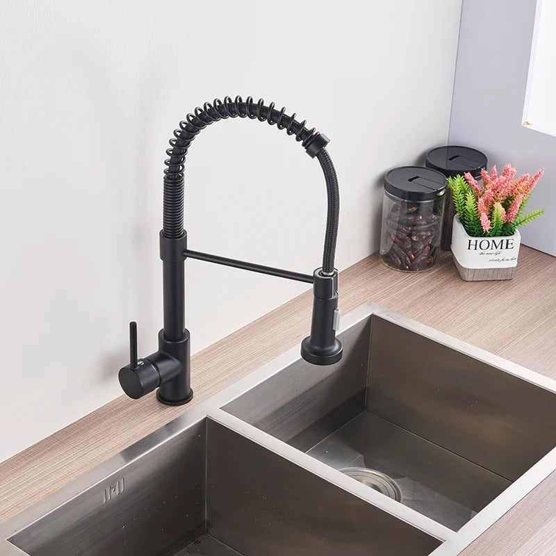 Brass Single-Hole Faucet with Rotating Spout & Detachable Spray Nozzle for Contemporary Kitchens & Dual-Basin Prep Areas | Thomler