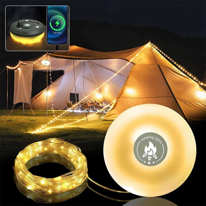 Rechargeable LED Lantern Flashlight with 33-Foot RGB String Lights & Power Bank for Camping Tents Festivals Outdoor Adventures Magnetic Hook | Thomler