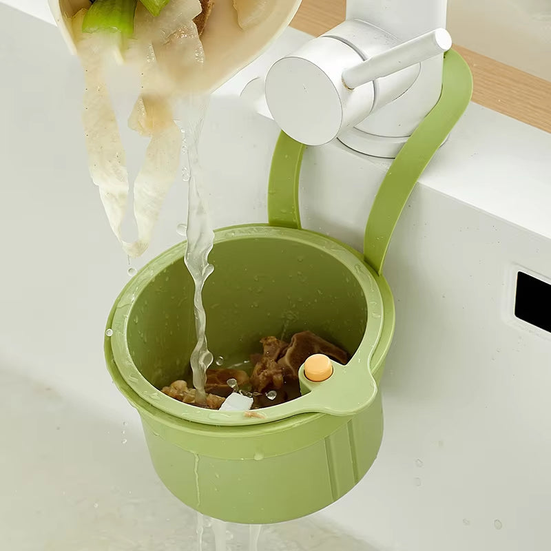 Tap-Mounted Food Scrap Catcher with Push-Button Release 8×5.6×5.1 Inches for Veggie Prep Scraps Fruit Washing Over-Sink Waste Bin | Thomler