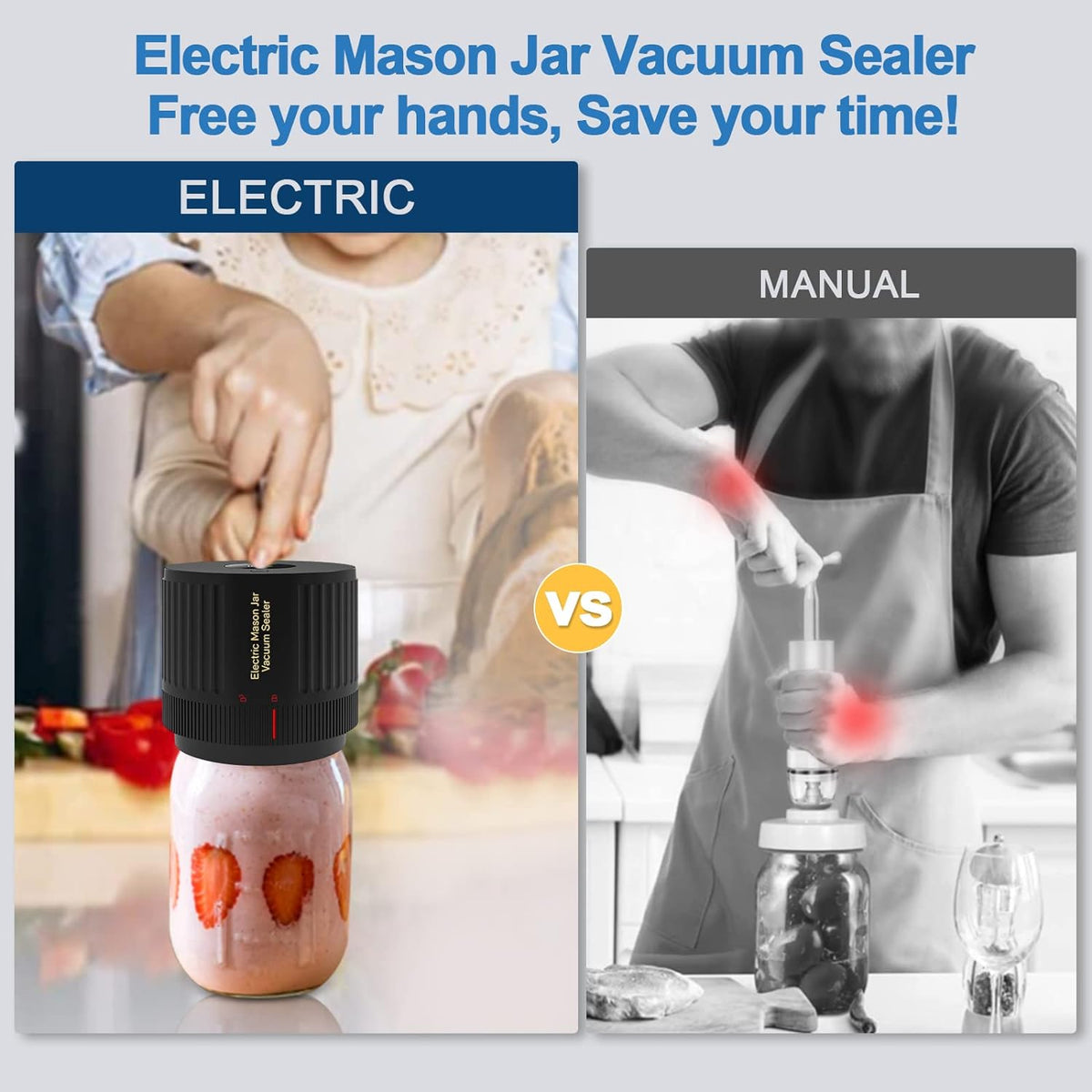 Selladora al vacío portátil para frascos Mason: sellador de boca ancha y regular para alimentos secos, hierbas y organización de despensa: almacenamiento de alimentos con un solo toque