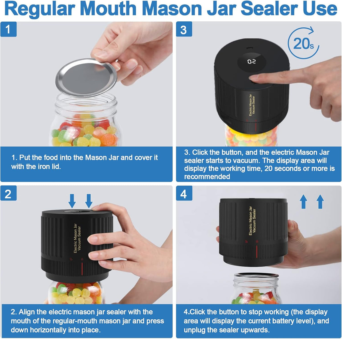 Selladora al vacío portátil para frascos Mason: sellador de boca ancha y regular para alimentos secos, hierbas y organización de despensa: almacenamiento de alimentos con un solo toque
