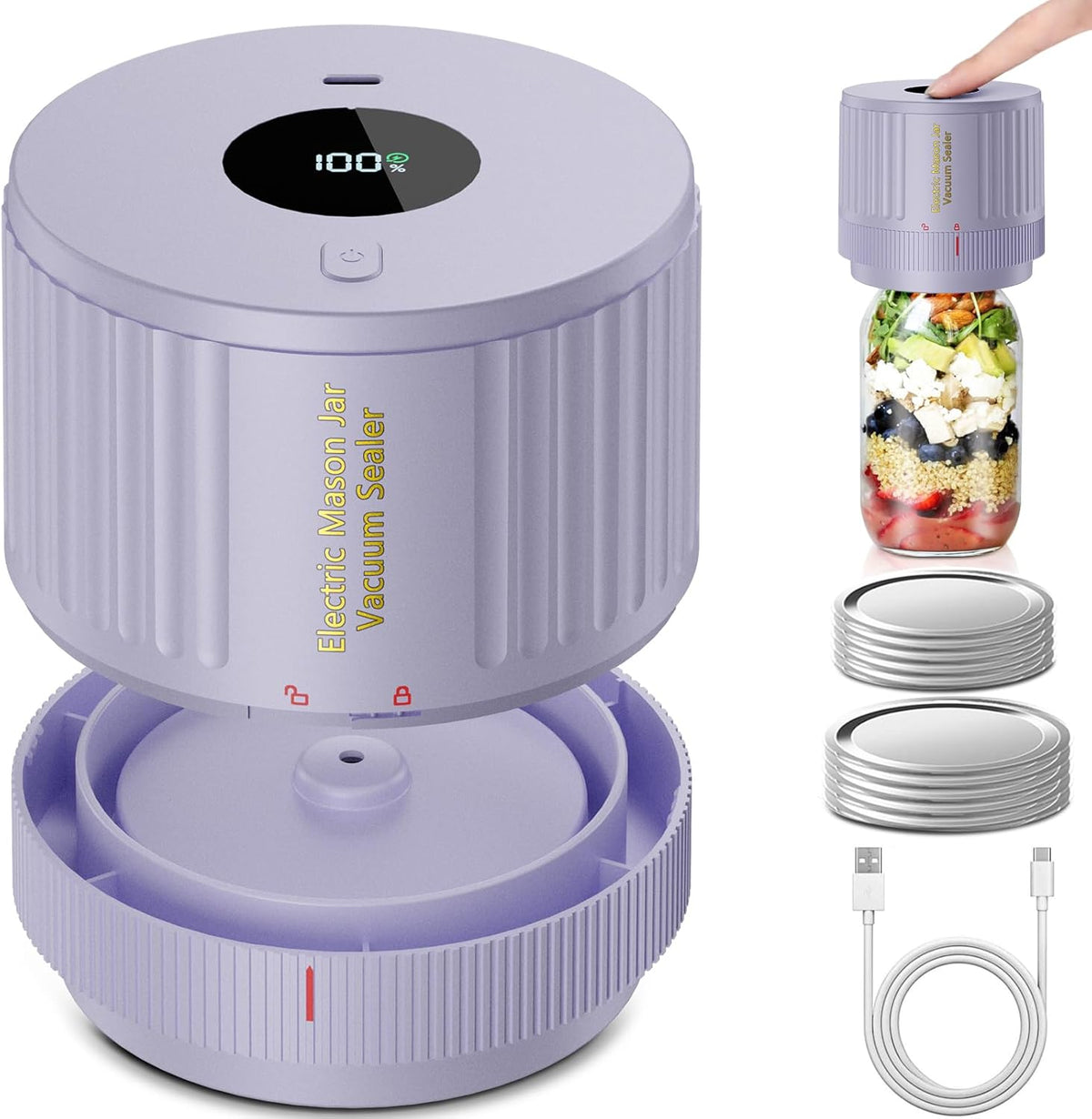 Selladora al vacío portátil para frascos Mason: sellador de boca ancha y regular para alimentos secos, hierbas y organización de despensa: almacenamiento de alimentos con un solo toque