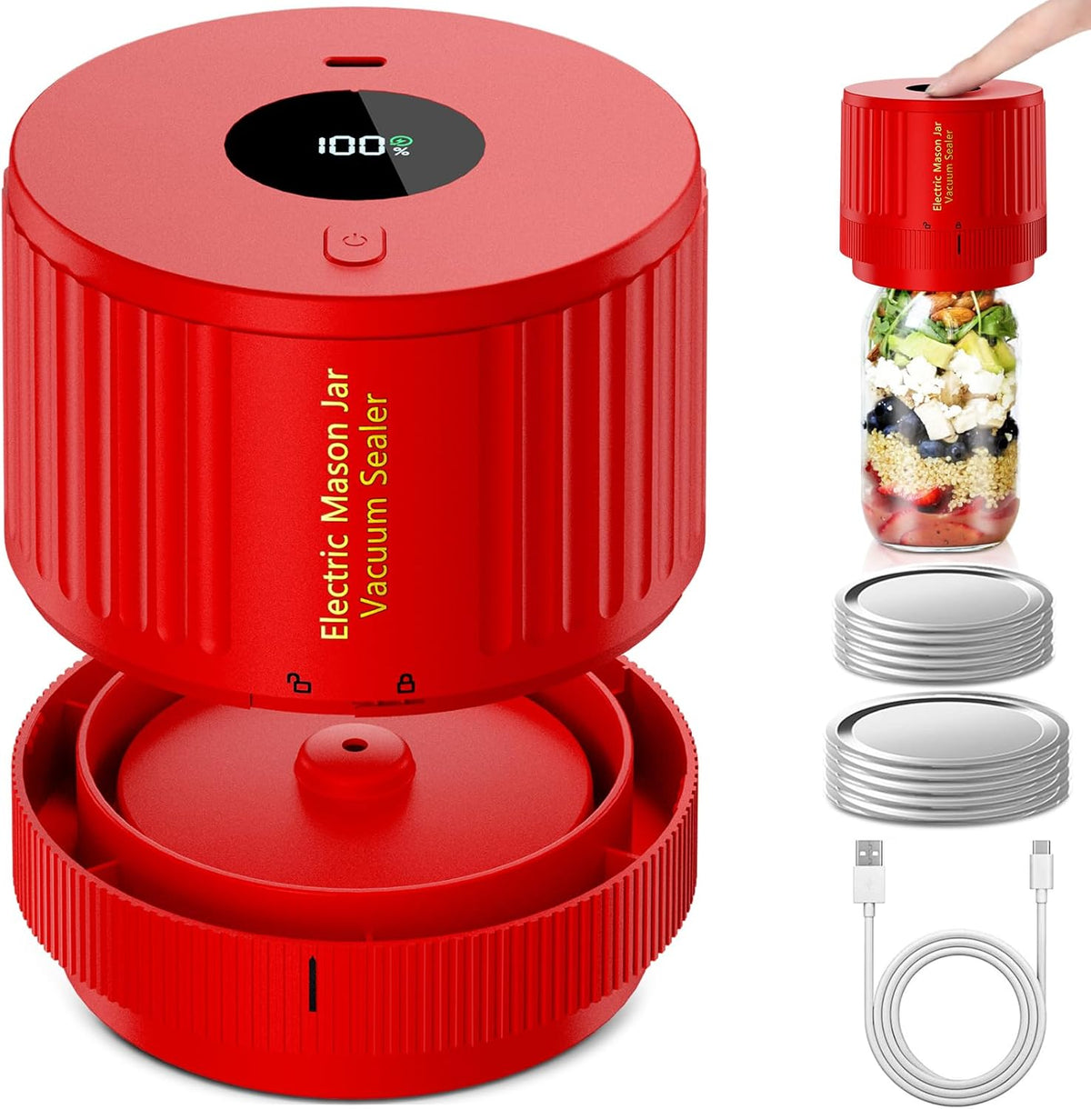 Selladora al vacío portátil para frascos Mason: sellador de boca ancha y regular para alimentos secos, hierbas y organización de despensa: almacenamiento de alimentos con un solo toque