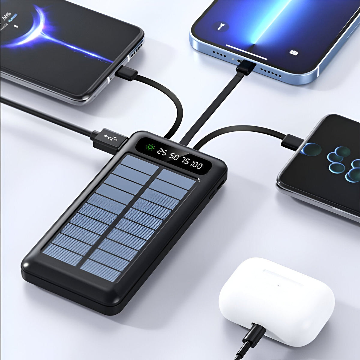 Cargador solar portátil de 20000mAh con puertos de carga duales y pantalla LED de batería para camping y viajes | Thomler