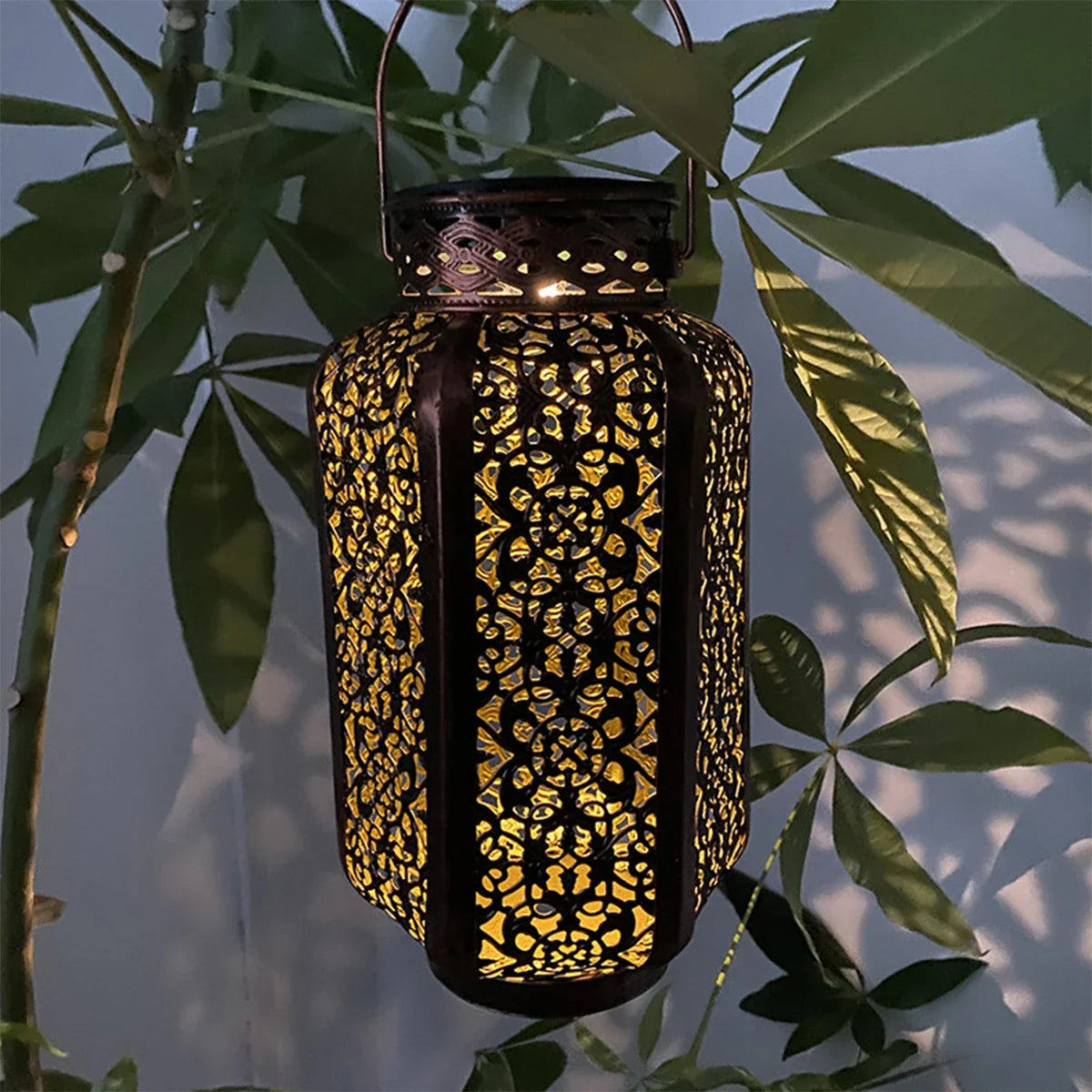 Sun-Charged Metal Garden Lantern with Cutout Moroccan Design for Porch, Deck & Yard Lighting | Thomler