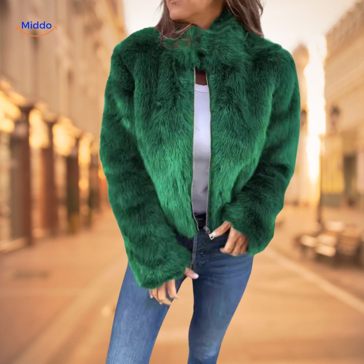 Women's Plush High-Neck Zip Coat – Soft Faux Fur Winter Jacket for Everyday & Dressy Looks