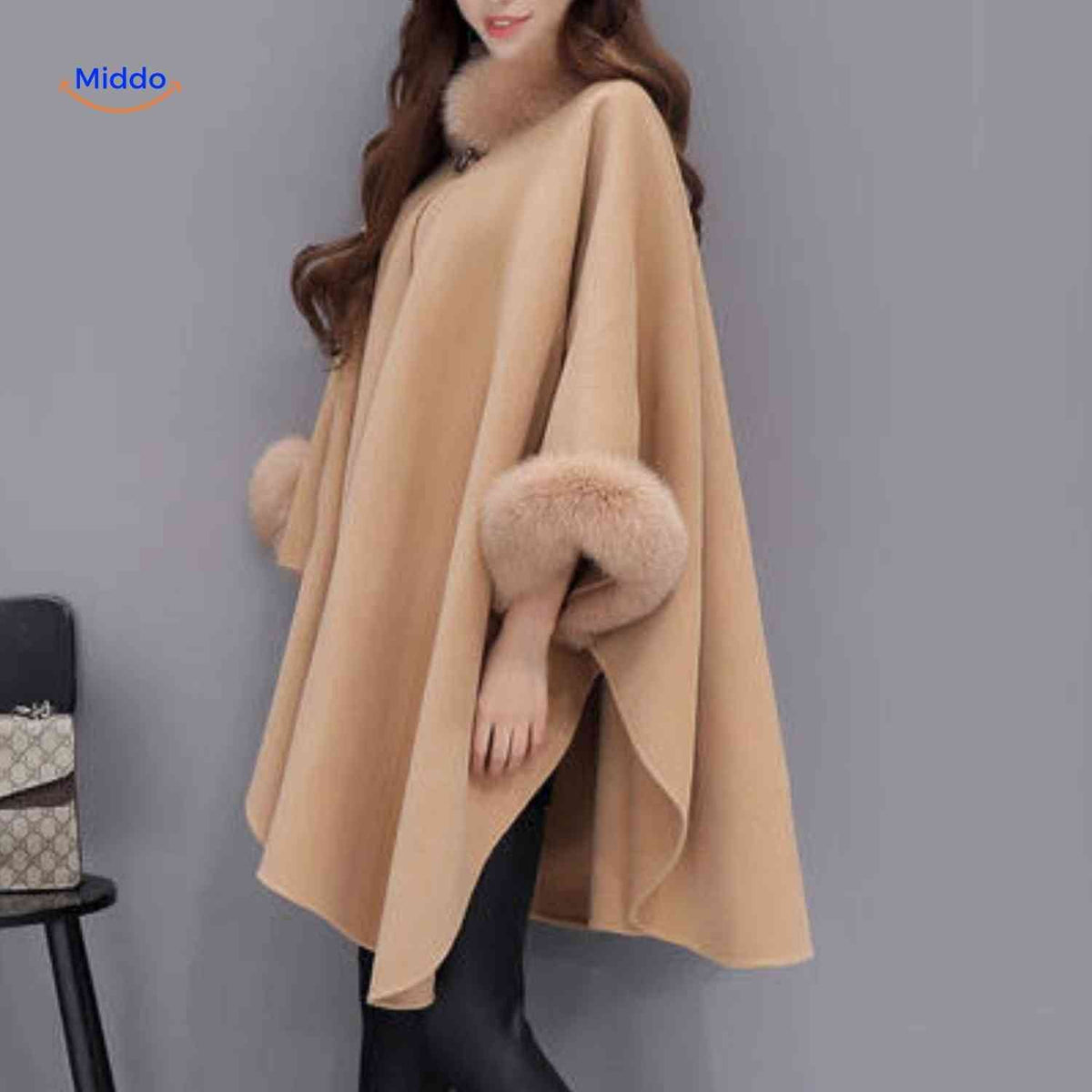 Women's Wool Cape Coat with Oversized Faux Fur Collar – A-Line Winter Wrap, 3/4 Sleeve, Plus Size Available